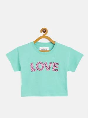 Girls Green Love Crop T-Shirt