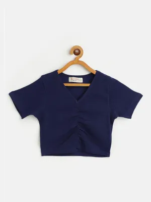 Girls Navy Rib Rouched Front Crop Top