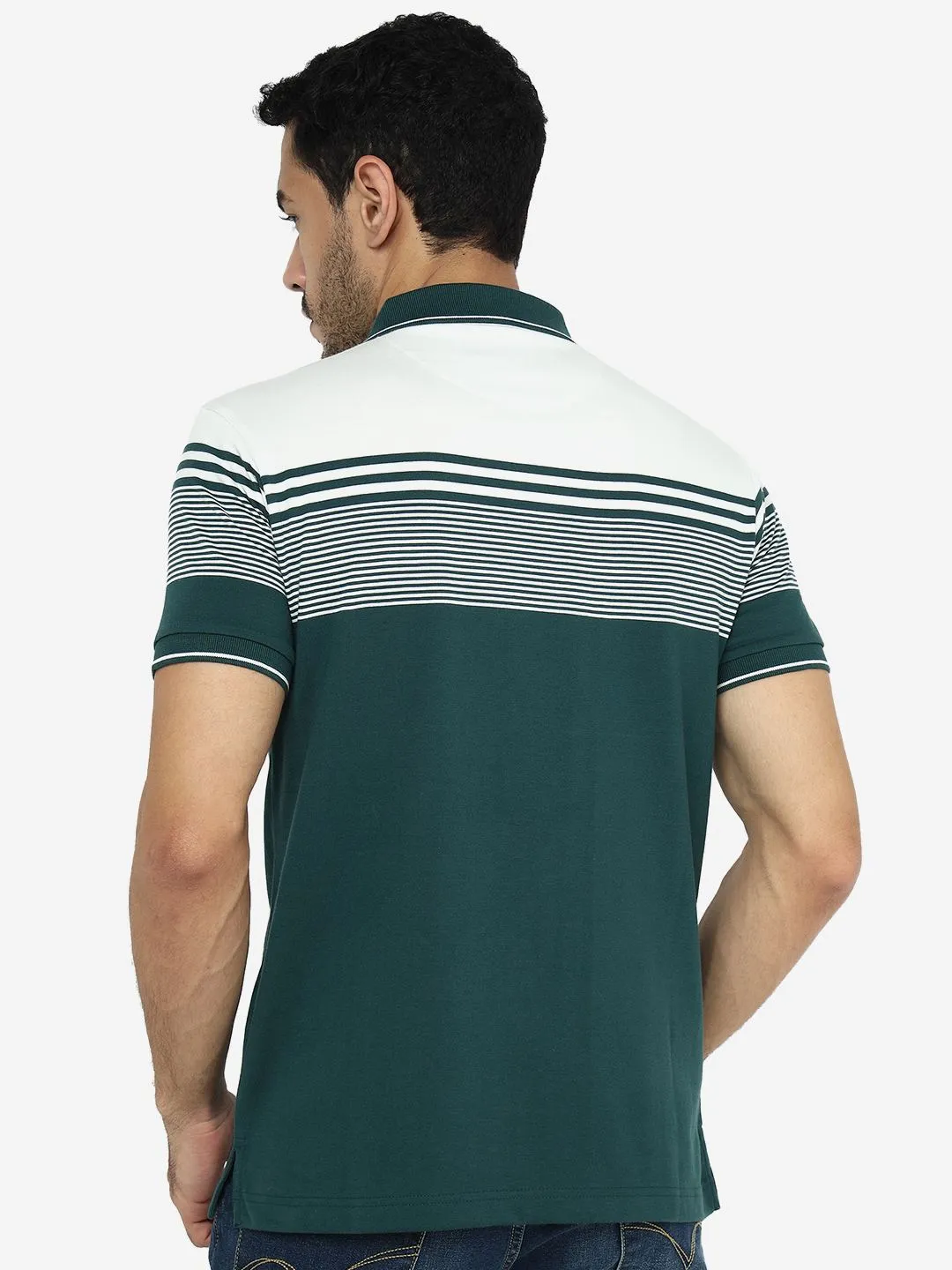 Green & White Striped Slim Fit Polo T-Shirt | Greenfibre