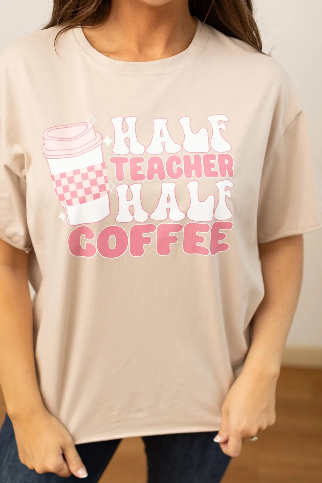 Half Teacher Half Coffee on Beige Tee Shirt Blank