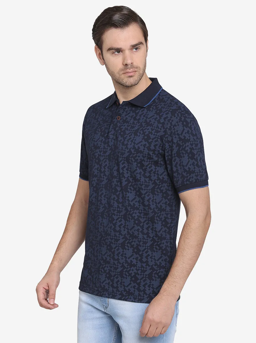 Ink Blue Printed Slim Fit Polo T-shirt  | Greenfibre