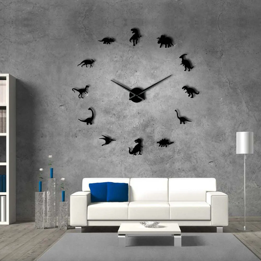 Jurassic Dinosaurs Wall Art T-Rex DIY Large Wall Clock Kids Room Decoration Giant Frameless Wall Clock Dino Modern Clock Watch