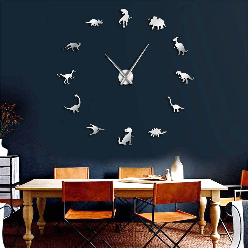 Jurassic Dinosaurs Wall Art T-Rex DIY Large Wall Clock Kids Room Decoration Giant Frameless Wall Clock Dino Modern Clock Watch