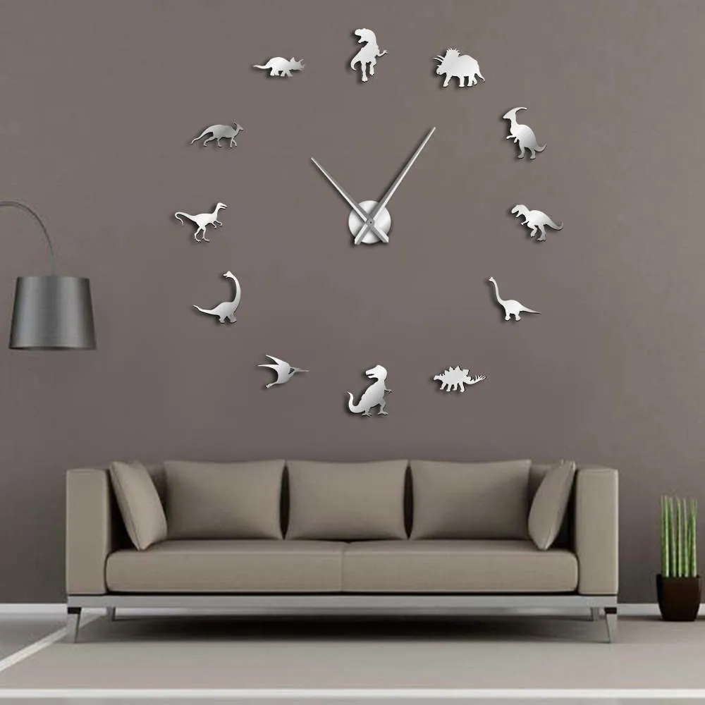 Jurassic Dinosaurs Wall Art T-Rex DIY Large Wall Clock Kids Room Decoration Giant Frameless Wall Clock Dino Modern Clock Watch