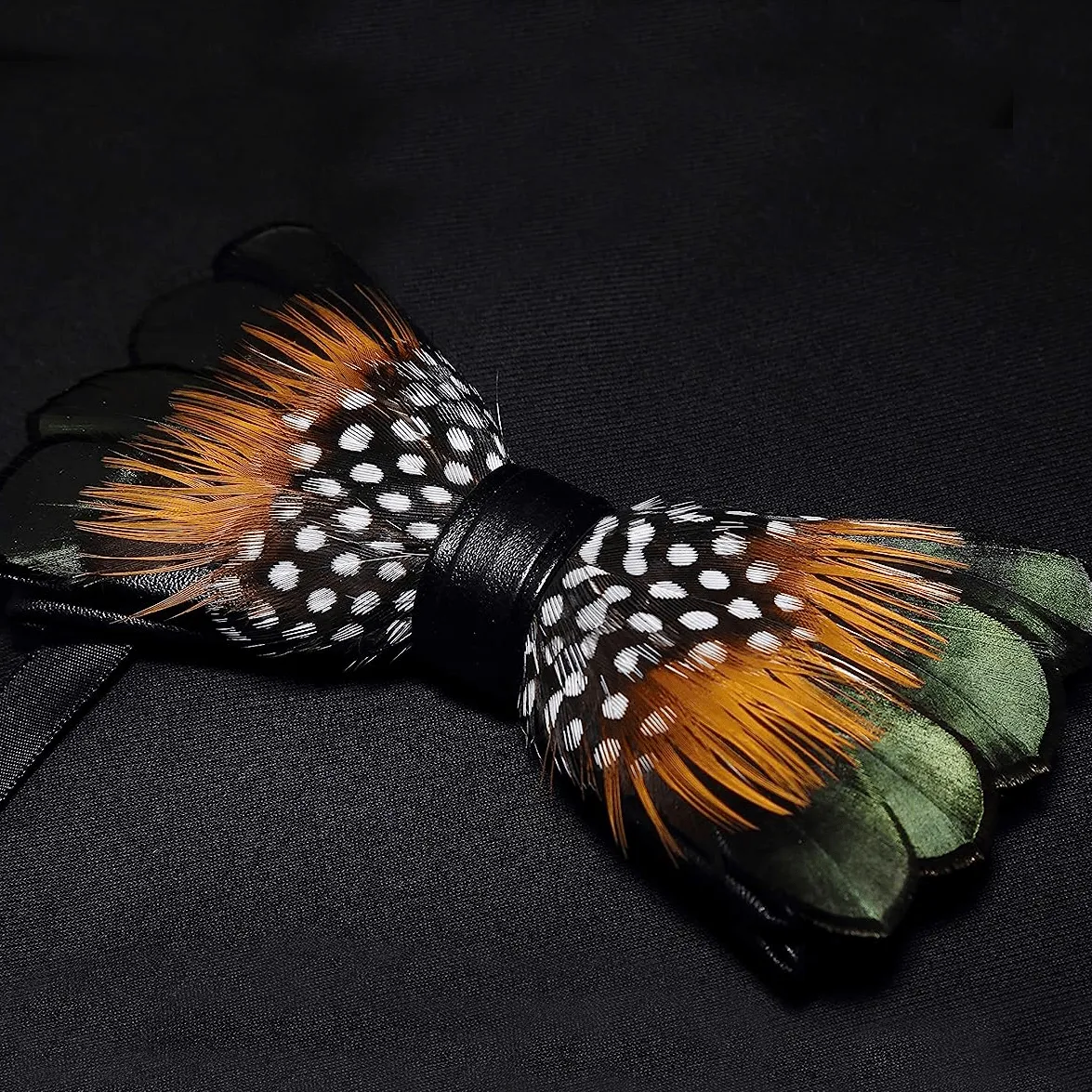 Kid's ForestGreen & Orange Vintage Feather Bow Tie with Lapel Pin