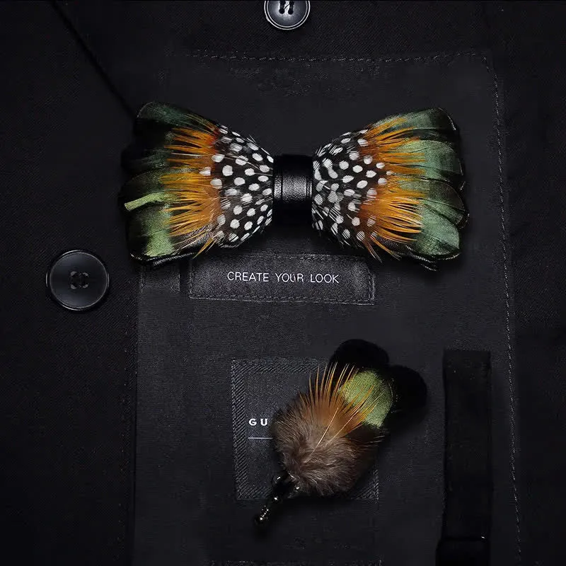 Kid's ForestGreen & Orange Vintage Feather Bow Tie with Lapel Pin