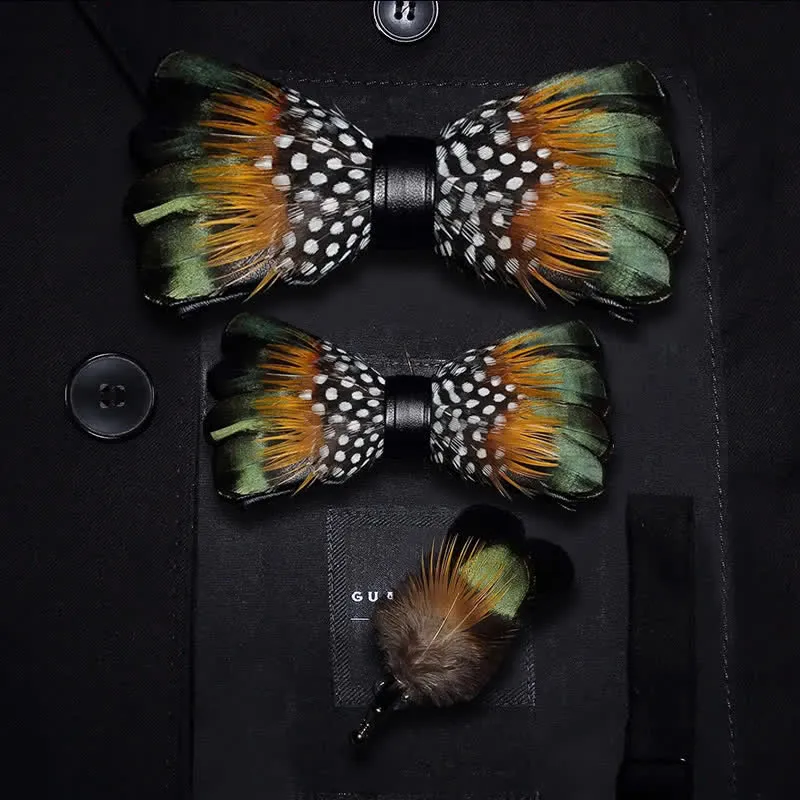 Kid's ForestGreen & Orange Vintage Feather Bow Tie with Lapel Pin