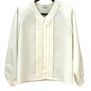 La Redoute Vintage 80s V Neck Lace Collar Pleated Hidden Button Front Blouse -14