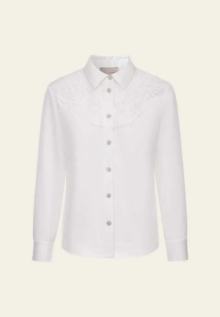 Lace-detail 3D Flower Crystal Button Shirt