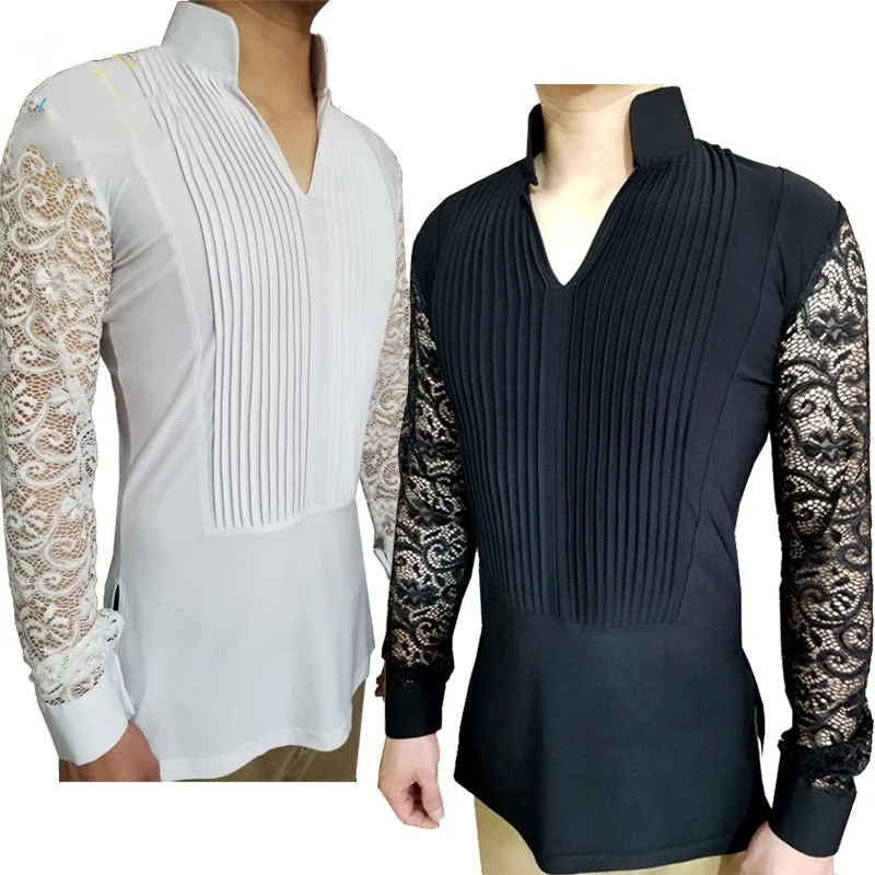 Mandarin Collar Lace Sleeved Rhythm and Latin Ballroom Dance Shirt