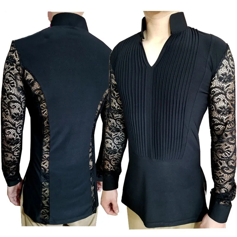 Mandarin Collar Lace Sleeved Rhythm and Latin Ballroom Dance Shirt