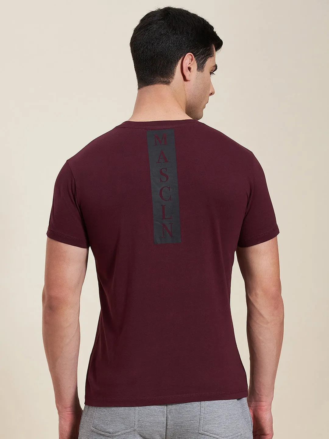 Men Burgundy Slim Fit Back Printed Mascln Logo T-Shirt