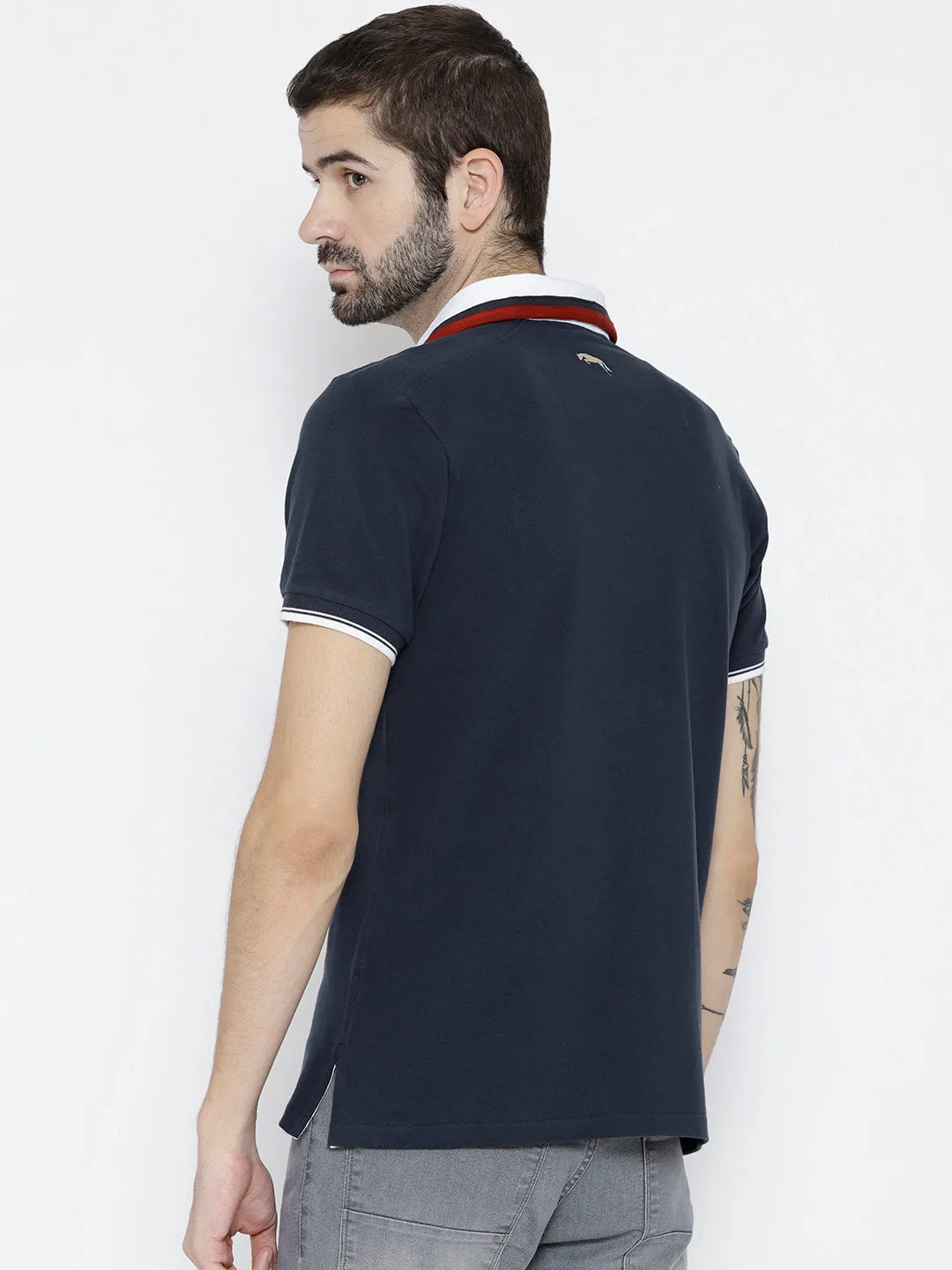 Men Navy Blue Solid Polo Collar T-shirt