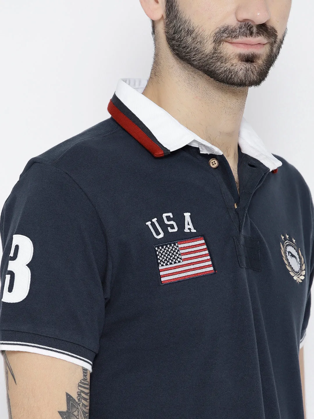 Men Navy Blue Solid Polo Collar T-shirt