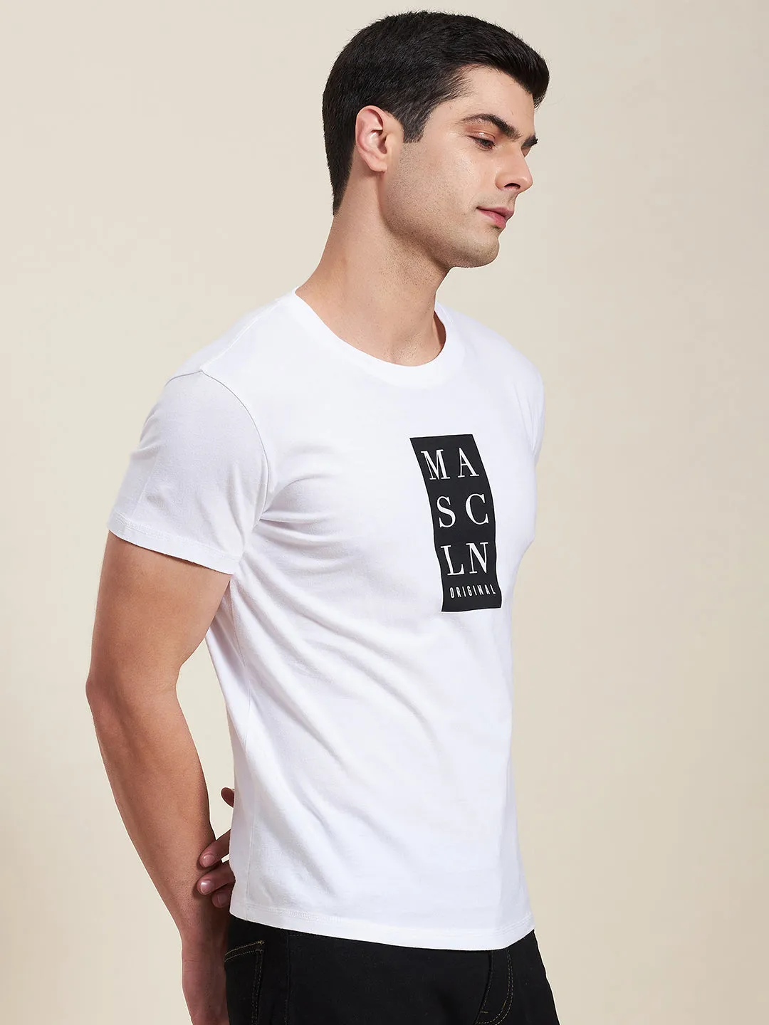 Men White Vertical Mascln Slim Fit T-Shirt