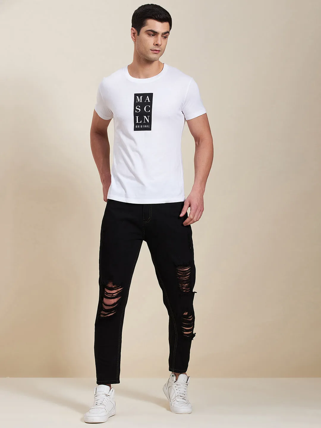 Men White Vertical Mascln Slim Fit T-Shirt