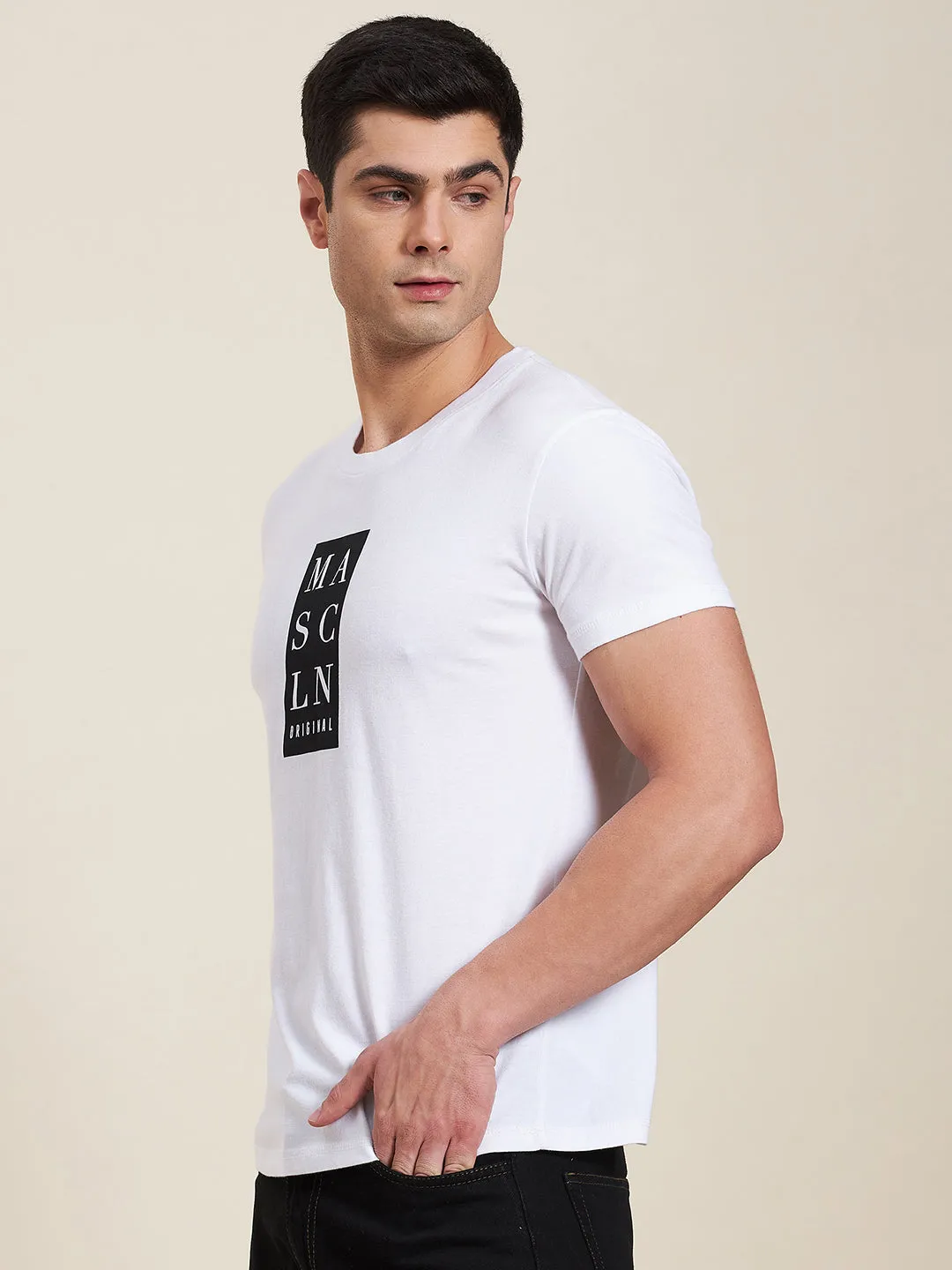 Men White Vertical Mascln Slim Fit T-Shirt