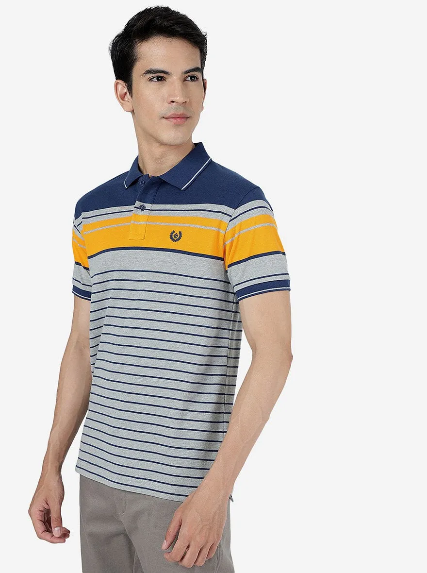 Navy & Grey Striped Slim Fit Polo T-Shirt | Greenfibre