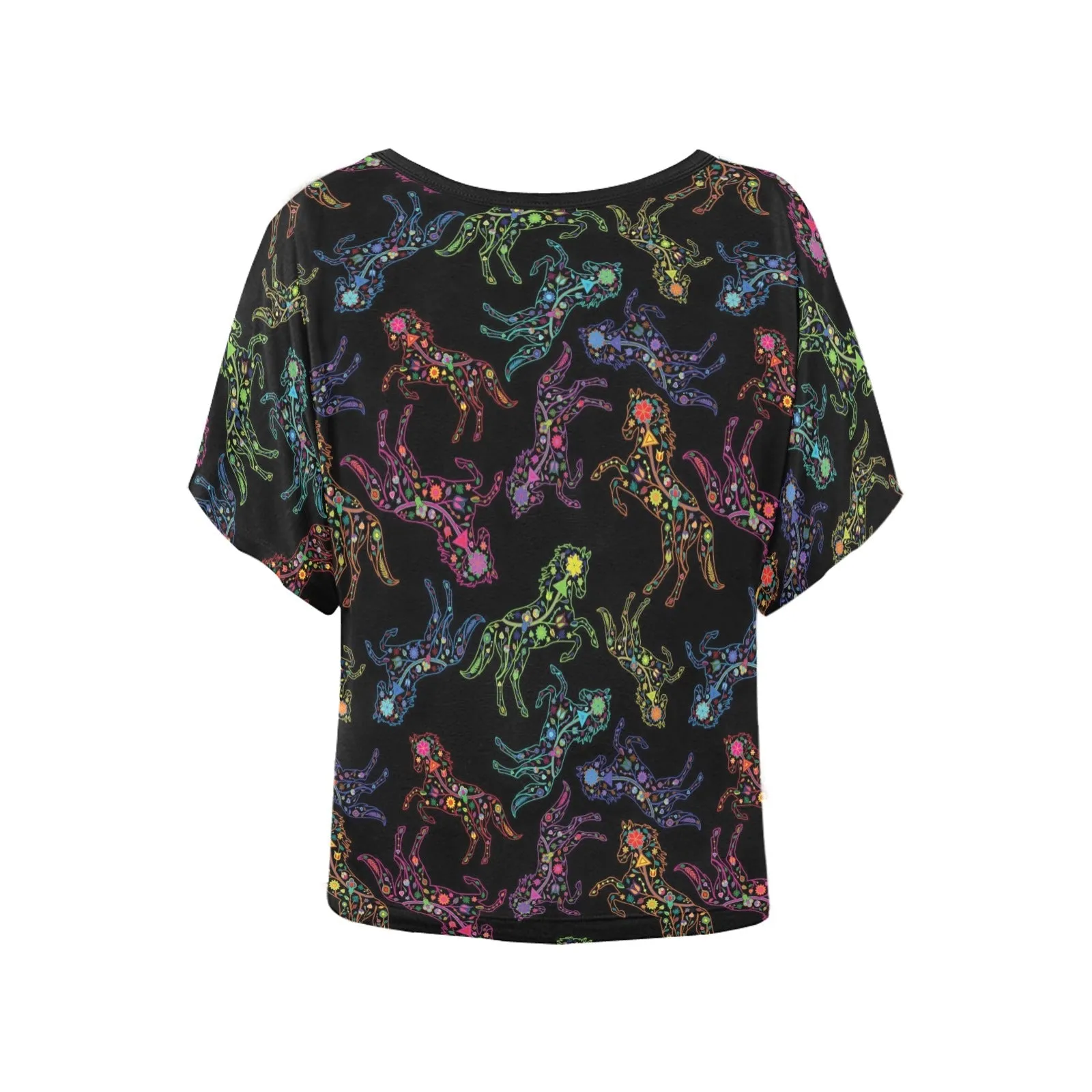 Neon Floral Horses Women's Batwing-Sleeved Blouse T shirt