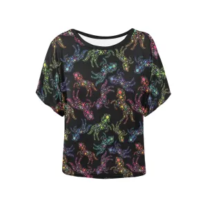 Neon Floral Horses Women's Batwing-Sleeved Blouse T shirt