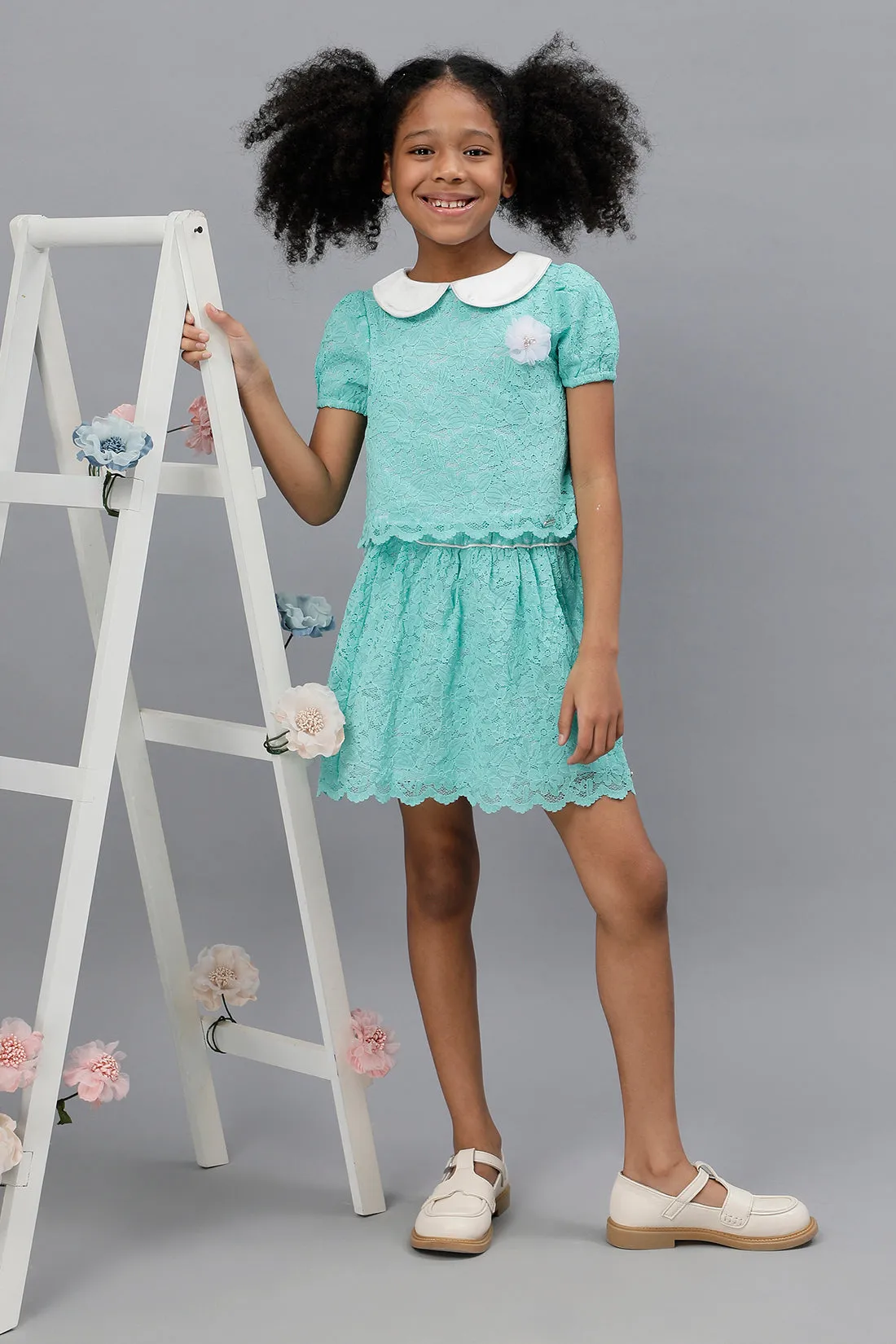 One Friday Girls Mint Lace Fabric Peter Pan Collar Top