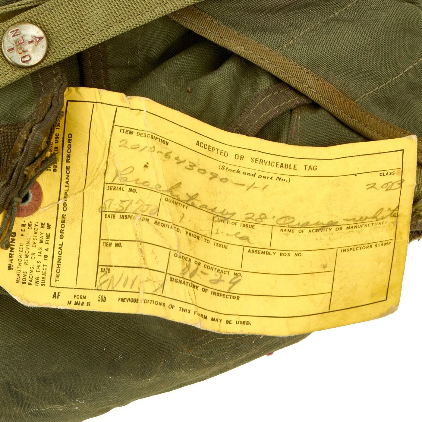 Original U.S. WWII Air Force Korean War Aircrew Parachute Pack with Harness and Parachute Canopy - Dated May, 1951