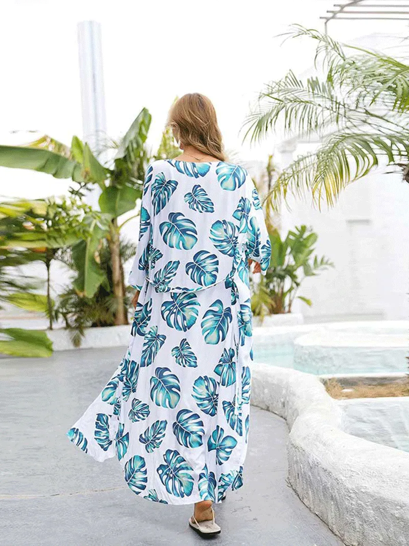 Picnic Partywear Leaf Print White Color Polyester Long Length Gown Kimono Duster Robe