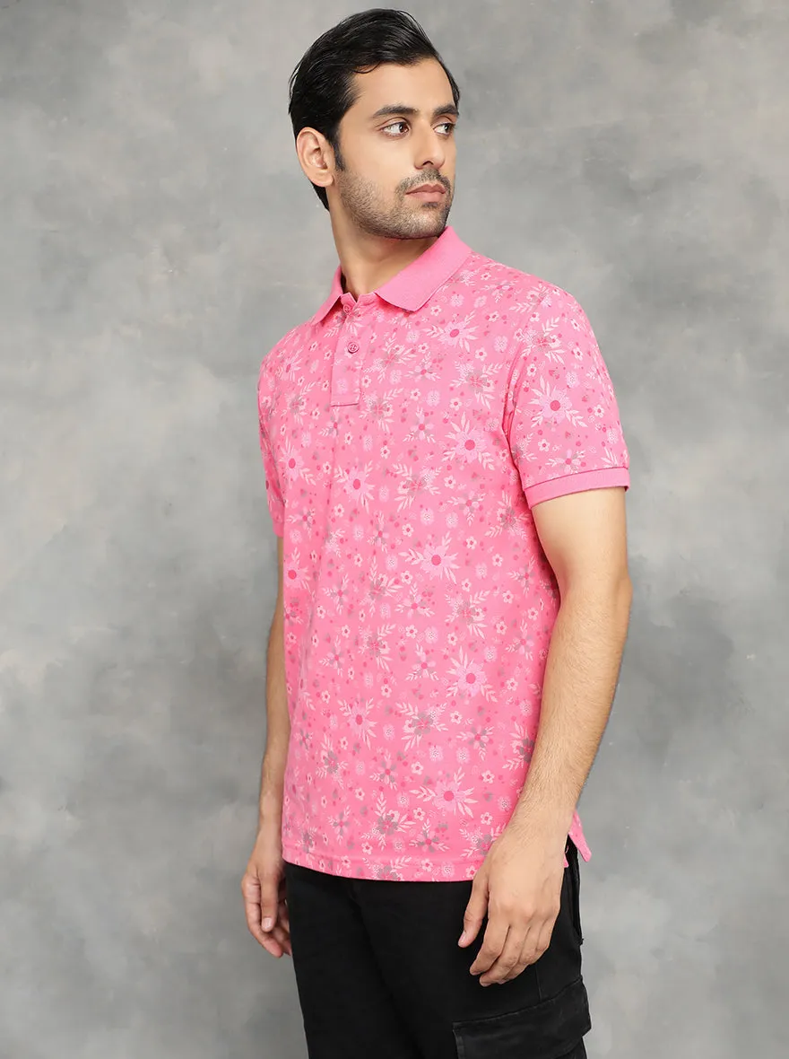 Pink Printed Slim Fit Polo T-Shirt | GreenFibre