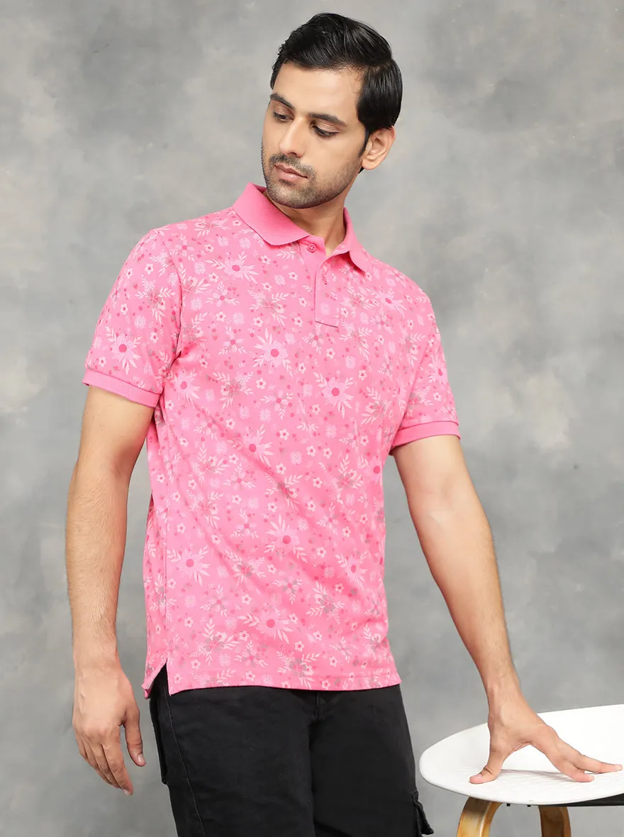 Pink Printed Slim Fit Polo T-Shirt | GreenFibre