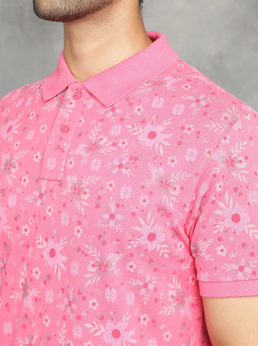 Pink Printed Slim Fit Polo T-Shirt | GreenFibre