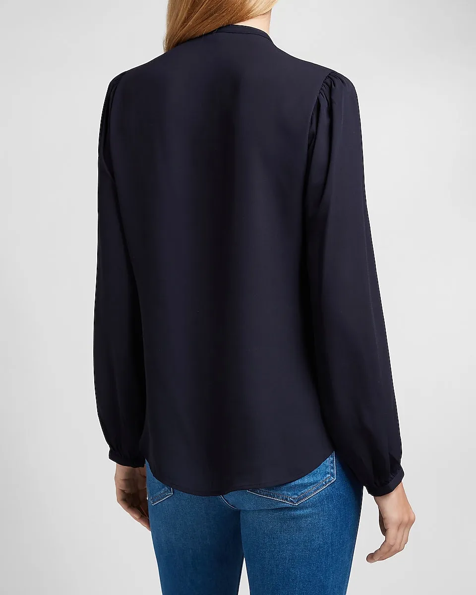 Pleated Ruffle Portofino Shirt in Navy Blue