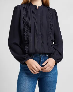 Pleated Ruffle Portofino Shirt in Navy Blue