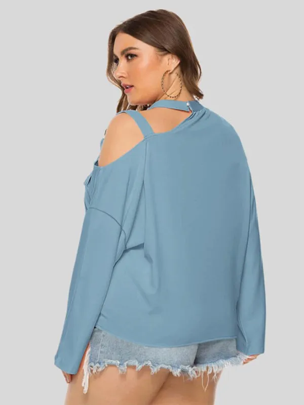 Plus size women's clothing -Shoulder Strap Hollow Bow Long Sleeve Slanted Shoulder T-Shirt