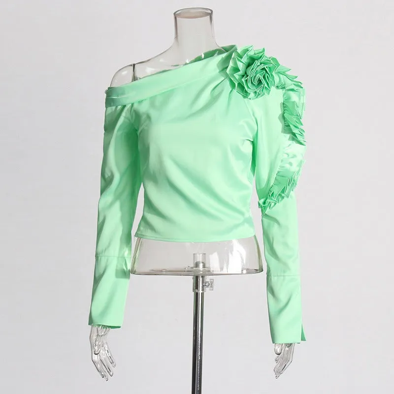 Pre Order: Diagonal Shoulder 3D Flower Splicing Shirt