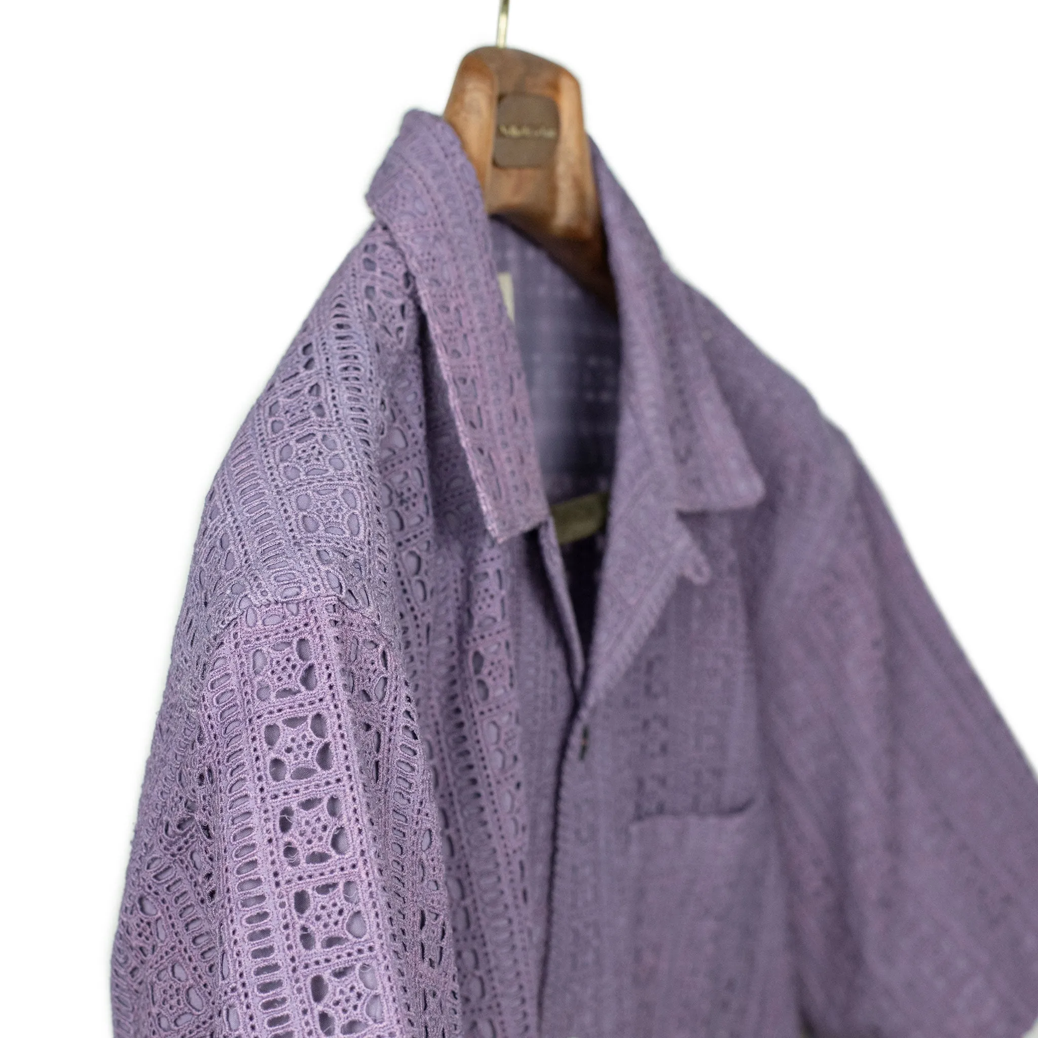 Ronen camp shirt in lavender lace embroidered cotton