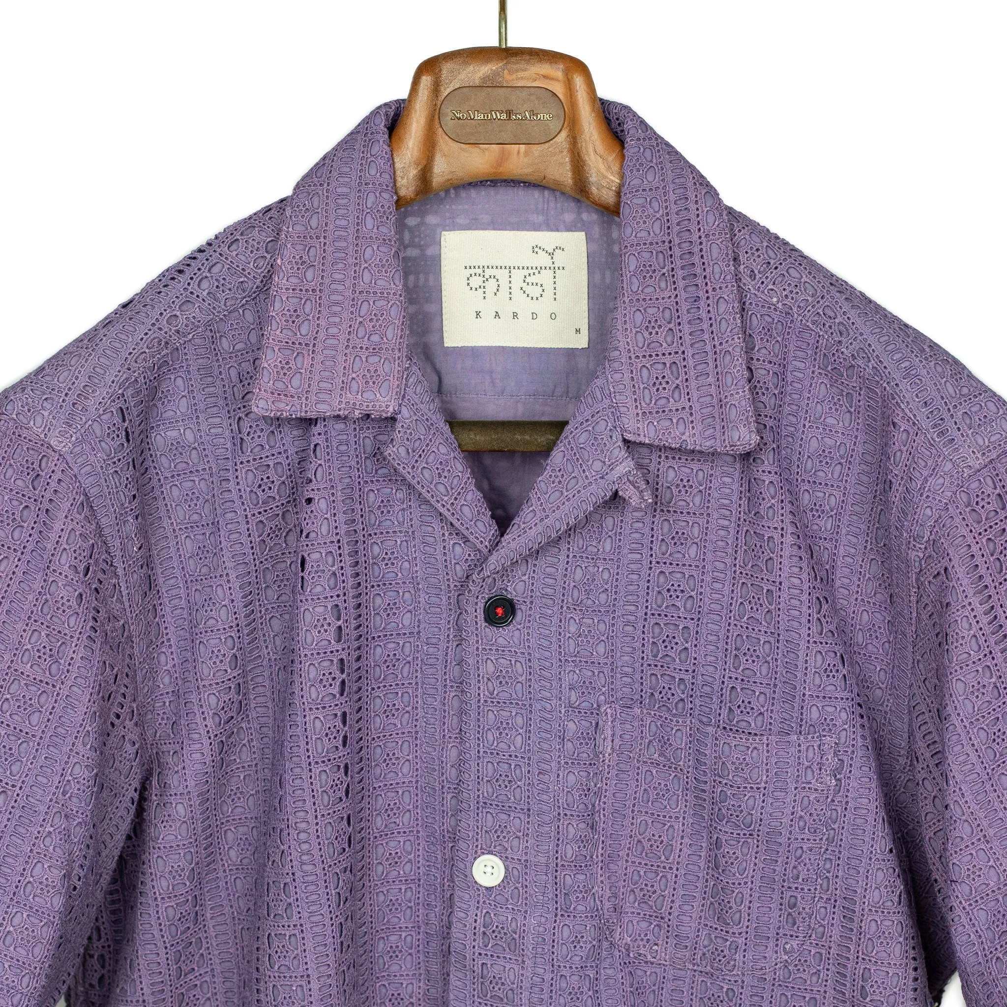 Ronen camp shirt in lavender lace embroidered cotton