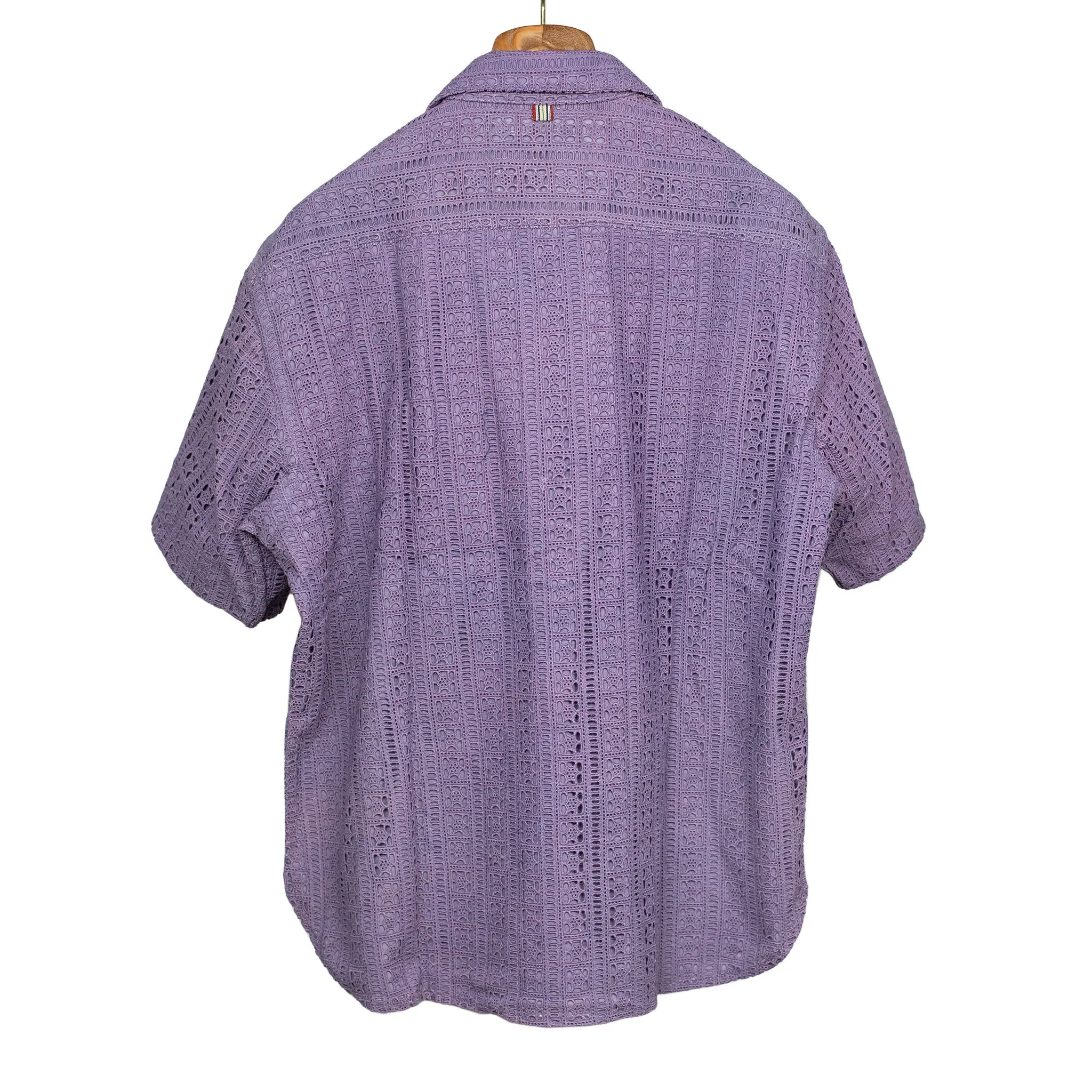 Ronen camp shirt in lavender lace embroidered cotton