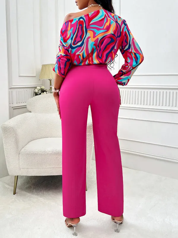 Sexy slanted shoulder shirt and pants suit for women