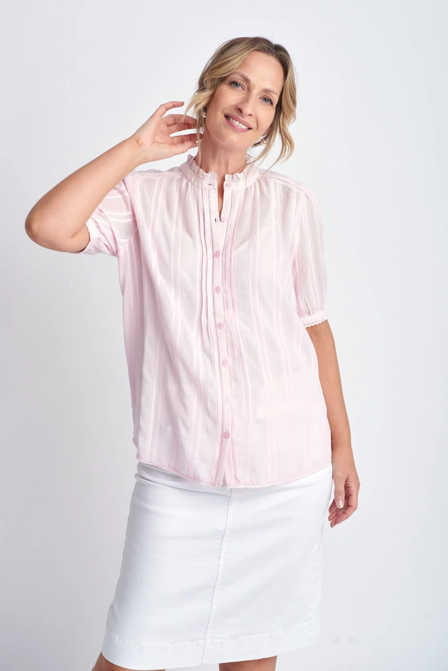 Short Sleeve Cotton Shirt With Lace Trim Pale Pink