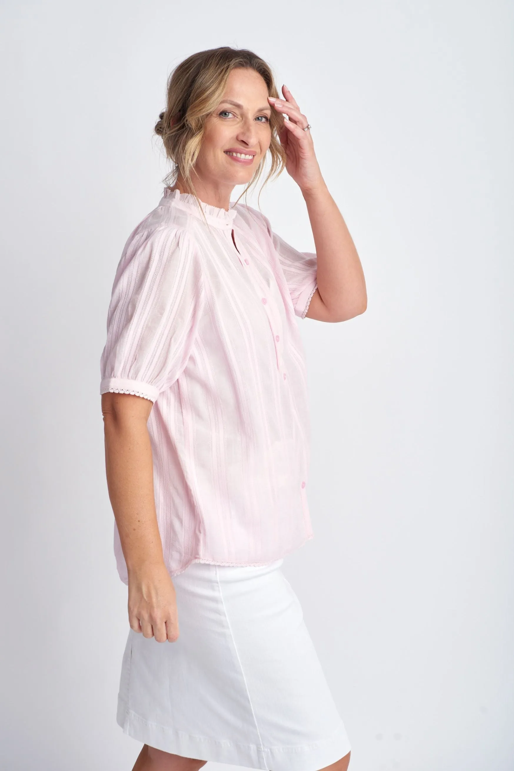 Short Sleeve Cotton Shirt With Lace Trim Pale Pink