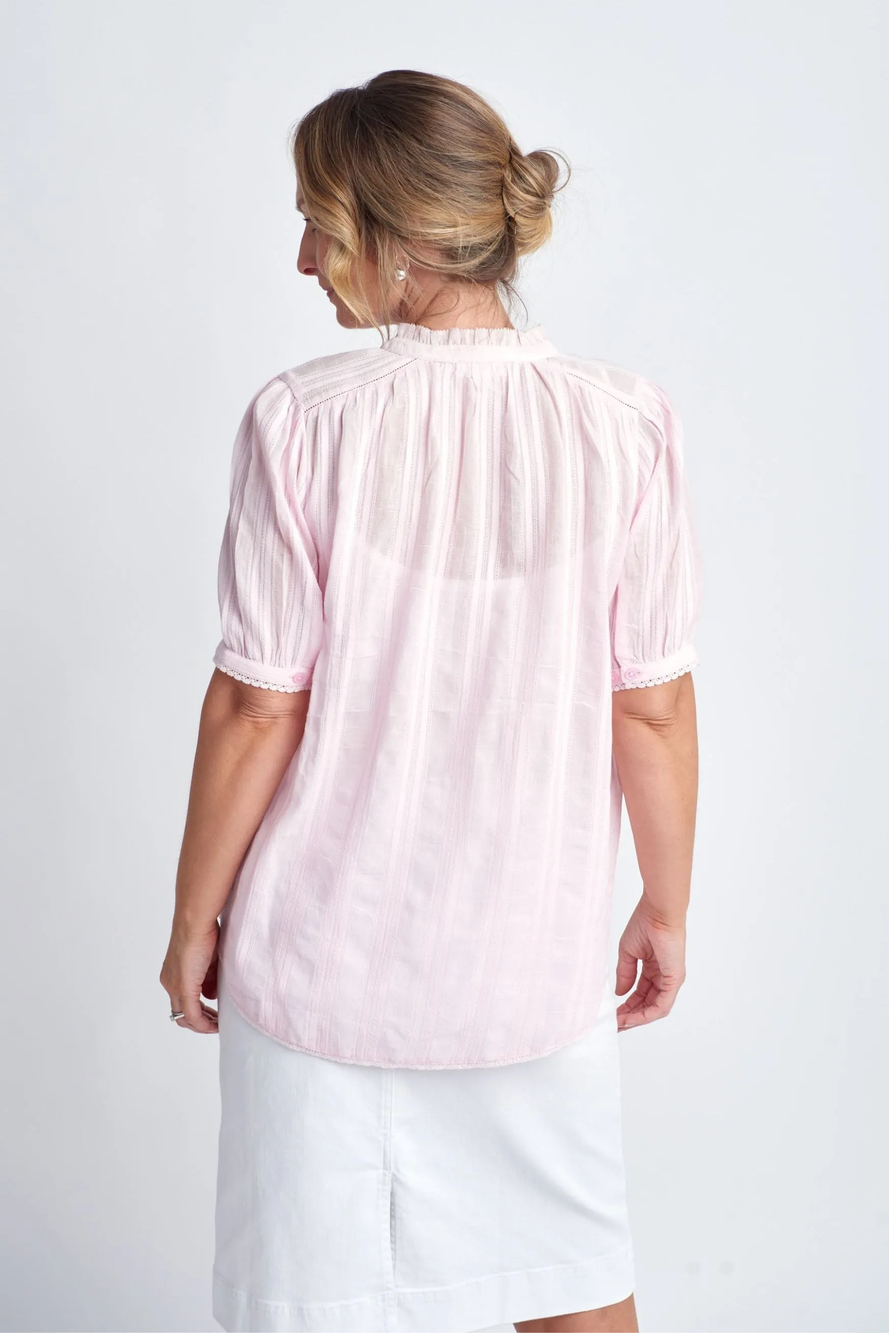 Short Sleeve Cotton Shirt With Lace Trim Pale Pink