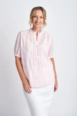 Short Sleeve Cotton Shirt With Lace Trim Pale Pink