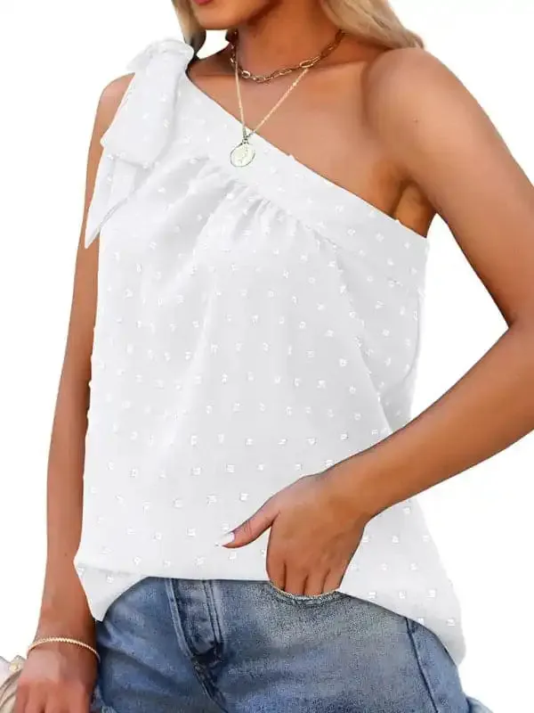 Slanted Shoulder Bow Top Loose Sleeveless Shirt Top