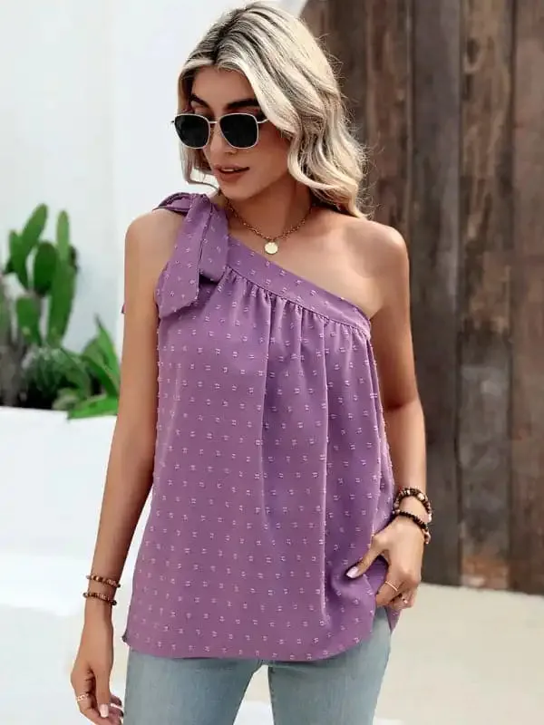 Slanted Shoulder Bow Top Loose Sleeveless Shirt Top