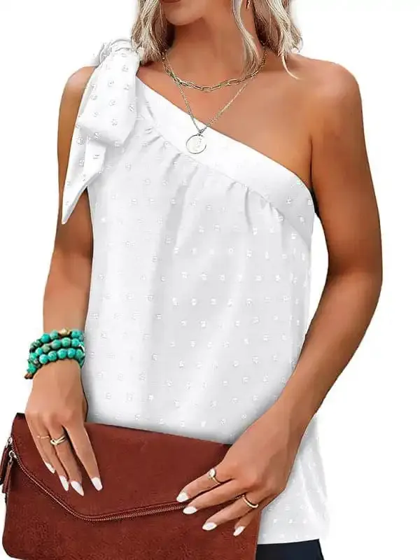 Slanted Shoulder Bow Top Loose Sleeveless Shirt Top