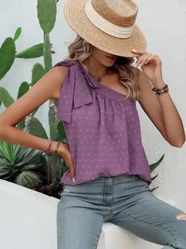 Slanted Shoulder Bow Top Loose Sleeveless Shirt Top