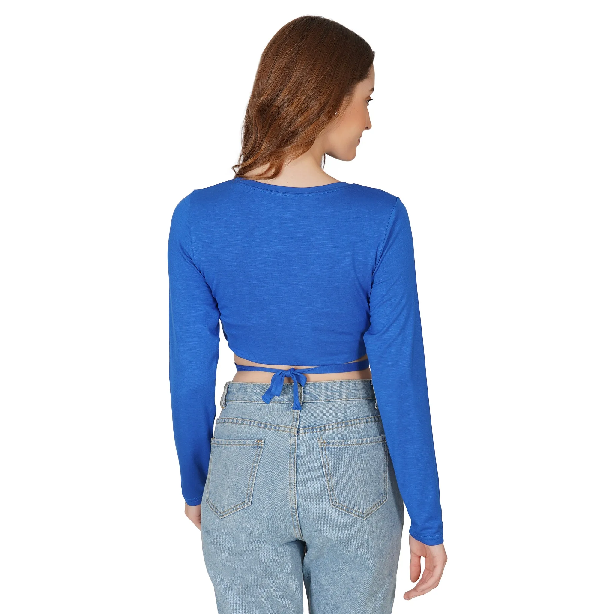 SLAY. Women's Blue Full Sleeves Crop Top with Back Wrap around Strings