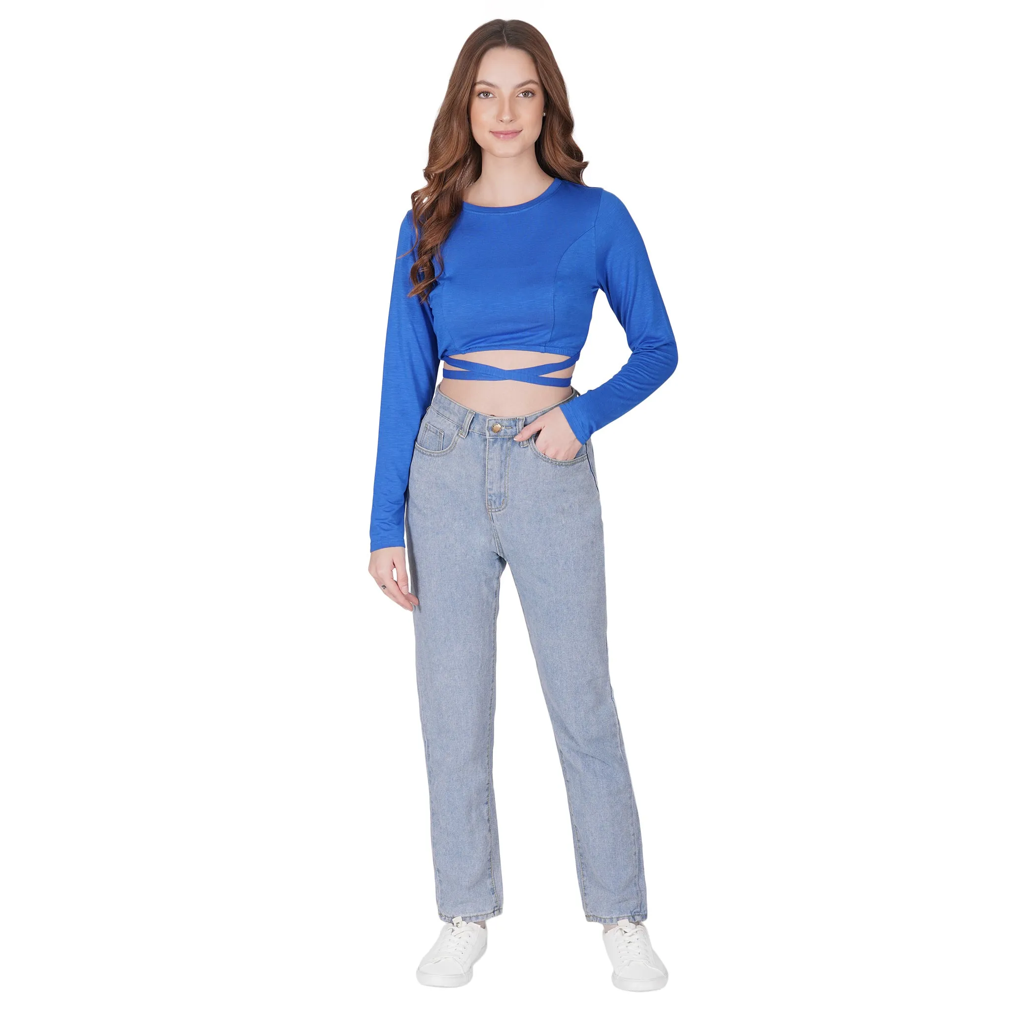 SLAY. Women's Blue Full Sleeves Crop Top with Back Wrap around Strings