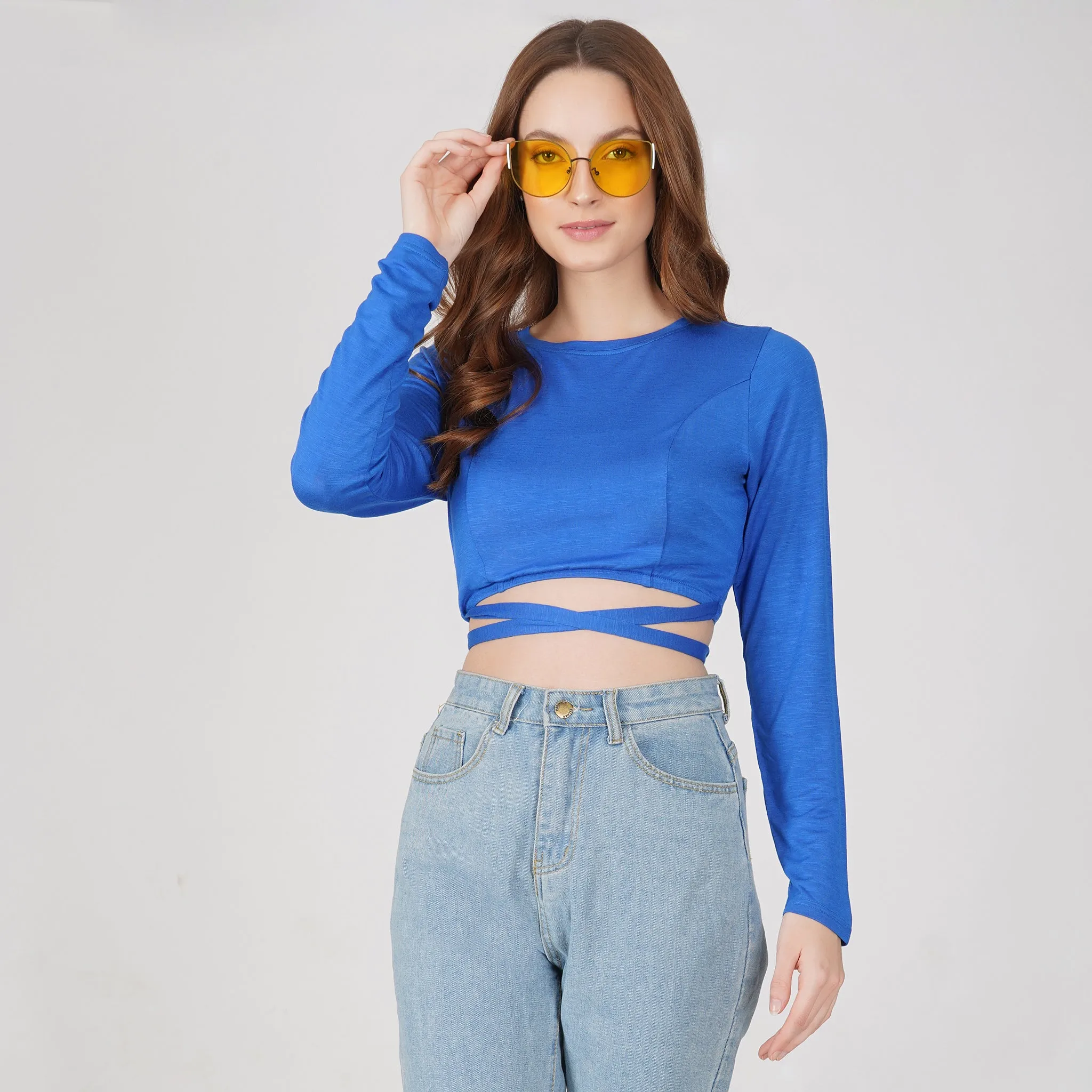 SLAY. Women's Blue Full Sleeves Crop Top with Back Wrap around Strings