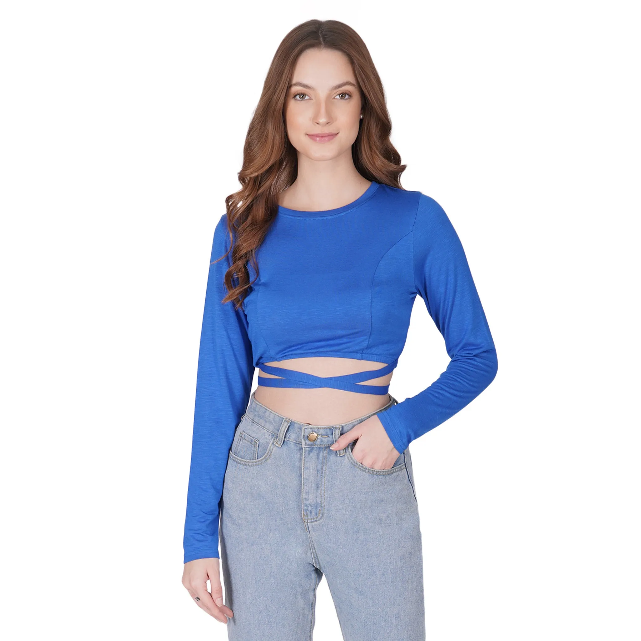 SLAY. Women's Blue Full Sleeves Crop Top with Back Wrap around Strings